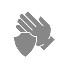 Human hand with shield grey icon. Treatment, hand disinfection, hygiene symbol