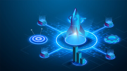 Business start up isometric concept vector illustration.The rocket takes off over a neon circle of light. Gear, graph, search, goal, target on futuristic blue background. Business startup technologies