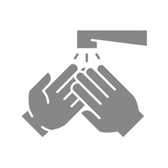 Cleaning hands with water grey icon. Washing and disinfection, hygiene symbol.
