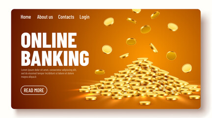 Naklejka premium Gold shiny coins. Big bunch of old metal money. Precious expensive treasure. Online banking landing page template or banner.
