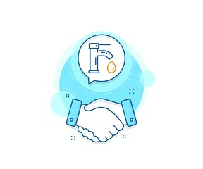 Faucet with aqua drop sign. Handshake deal complex icon. Tap water line icon. Sanitary engineering symbol. Agreement shaking hands banner. Tap water sign. Vector