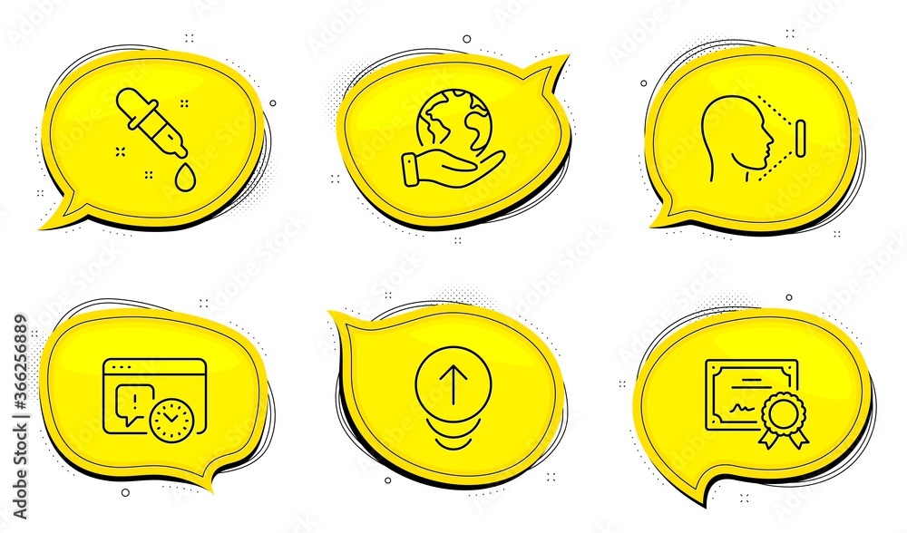 Poster face id sign. diploma certificate, save planet chat bubbles. swipe up, chemistry pipette and project