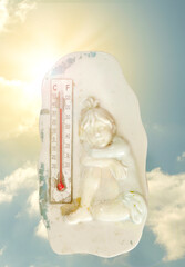 Hot summer or heat wave,sky with with bright sun and thermometer, global warming, climate change...
