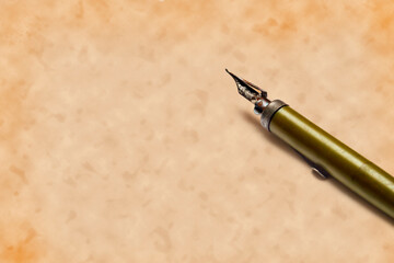 Old rusted, neglected nib pen, with remnants of dried ink, on old paper background