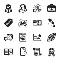 Set of Business icons, such as Like, Analysis graph. Certificate, approved group, save planet. Washing machine, Ranking stars, Sale ticket. Technical info, First aid, Seo statistics. Vector