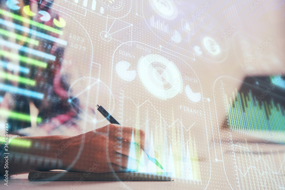 Poster double exposure of woman's writing hand on background with data technology hud. big data concept.