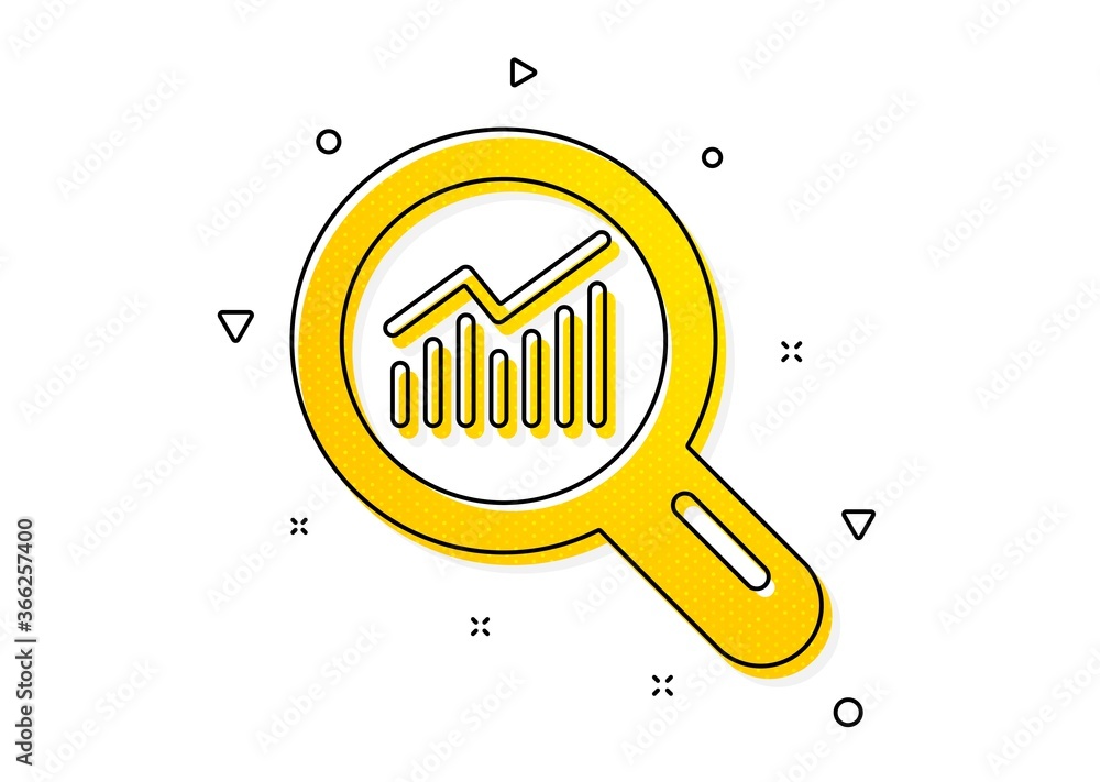 Poster report graph or sales growth sign in magnifying glass. chart icon. analysis and statistics data symb