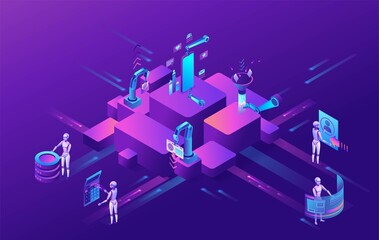 Fototapeta premium Robotic process automation concept with robots working with data, arms moving files, extracting information from websites, digital technology service, 3d isometric vector illustration
