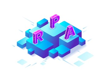 Robotic process automation concept with robots working with data, arms moving files, extracting information from websites, digital technology service, 3d isometric vector illustration