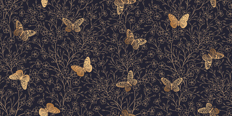 Vintage seamless pattern. Cute flowers and butterflies. Gold foil print.