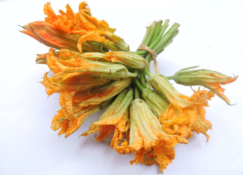 Vegetable - Pumpkin flowers in isolated background. Most parts of the pumpkin are edible including flowers. Pumpkin flowers are also used as vegetables. 