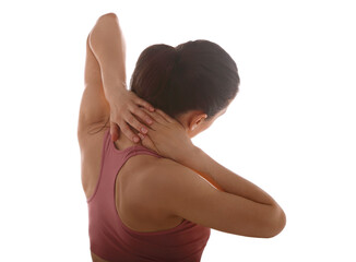 Obraz premium Young strong sporty woman suffering from chronic neck pain. Touching and massaging the hands. Closeup portrait isolated on white background.