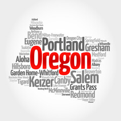 List of cities in Oregon USA state, map silhouette word cloud, map concept background