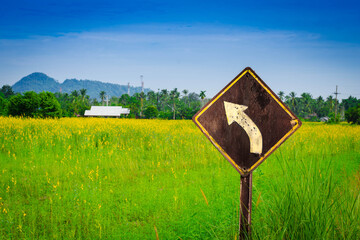 turn left road sign in the field and bluesky