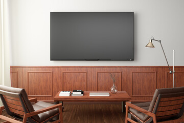 TV screen mockup on the white wall with classic wooden decoration  in living room. Front view, clipping path around screen.