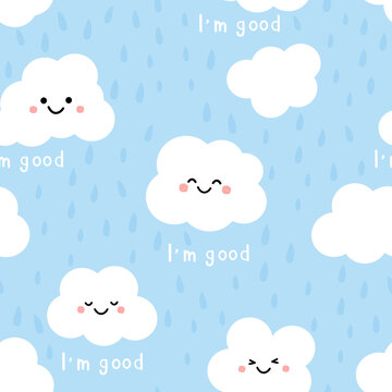 Seamless pattern of clouds with happy face on a rainy day, blue background vector. Cute cartoon character.
