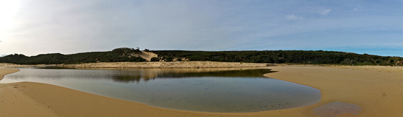 Fototapeta na wymiar Beautiful panoramic view of a sandy water puddle with reflection of mountains and trees, Marley Beach, Royal National Park, Sydney, Australia