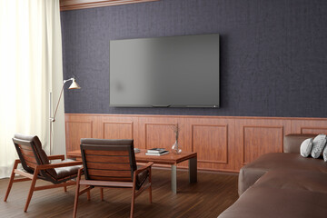 TV screen mockup on the blue wall with classic wooden decoration  in living room. Side view, clipping path around screen.