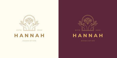 Vector line logo emblem design template - female gesture hands and rose flower illustrations simple minimal linear style