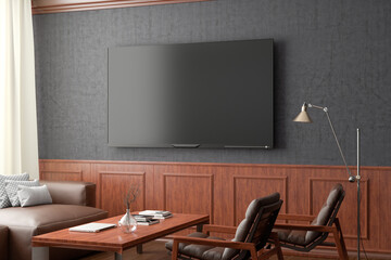 TV screen mockup on the black wall with classic wooden decoration  in living room. Side view, clipping path around screen.