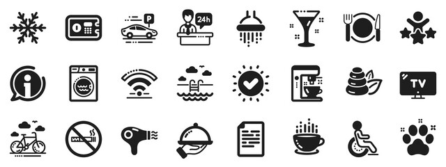 Wi-Fi, Air conditioning and Coffee maker machine. Hotel service icons. Spa stones, swimming pool and bike rental icons. Hotel parking, safe and shower. Food, coffee cup. Vector