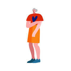 Colorful vector illustration with a girl. Lady in red t shirt with heart symbol on it. Shy, awkward character.
