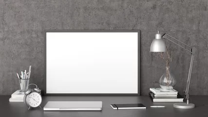 Fototapete Grau Horizontales Posterrahmenmodell auf dem schwarzen Tisch des Heimstudioarbeitsplatzes mit Betonwand. Vorderansicht, Beschneidungspfad um Posterbild.