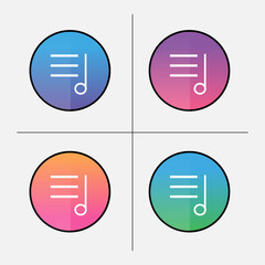 Digital round buttons for music application or websites. Outline playlist icon on the vivid gradient backgrounds. Multicolored elements for logos, interfaces, different media, websites