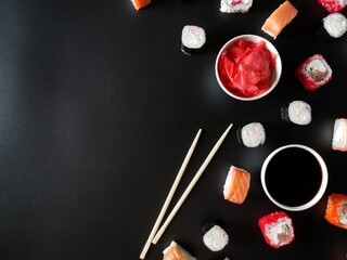 laying sushi, ginger, sauce on a black background