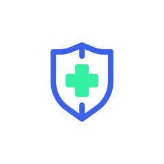 Medical insurance icon vector, filled flat sign, shield with medical cross bicolor pictogram, green and blue colors. Symbol, logo illustration