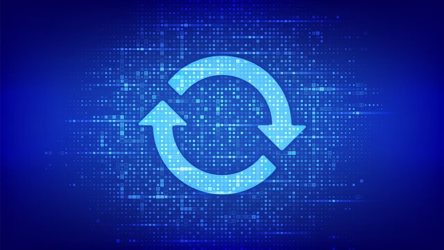 Update Software. Upgrade computer program version concept. Synchronization icons made with binary code. Digital binary data and streaming digital code. Matrix background with digits 1.0. Vector.