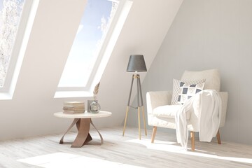 White modern room with armchair. Scandinavian interior design. 3D illustration