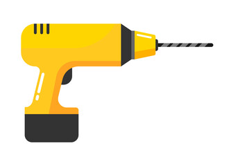 Drill or perforator. Flat vector illustration. Repair equipment. Construction and building tool. Yellow and black colors. Flat icon.