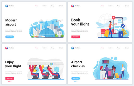 Traveling by plane vector illustrations. Cartoon flat design template banner set, mobile website interface with traveler tourist people enjoy travels, book airline tickets, check departure in airport