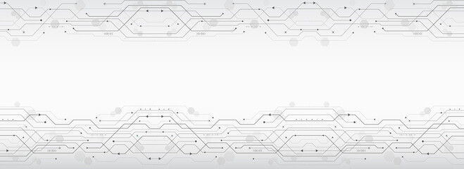 Wide Hi-tech computer digital technology concept. Abstract technology communication vector illustration. Grey background with various technological elements.