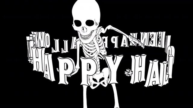 Seamless funny animation of dancing skeleton with Halloween text in cartoon style isolated with alpha channel.Zine culture video loop with a trendy cool comic look special for clubs and parties.