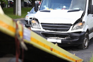Car after an accident calls in on tow truck. Roadside assistance services concept