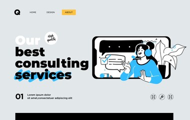 Presentation slide template or landing page website design. Business concept illustrations. Modern flat outline style. Support service