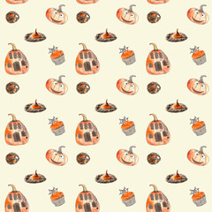 seamless pattern with watercolor cookies and pumpkins on Halloween