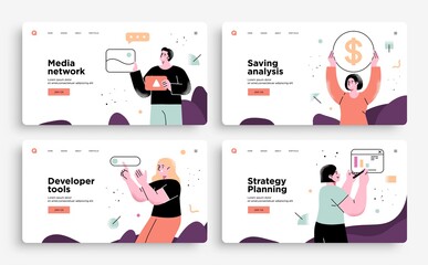 Set of Presentation slide templates or landing page websites design. Business concept illustrations. Modern flat outline style.