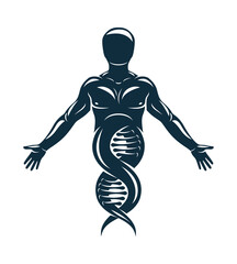 Vector illustration of human, athlete depicted as DNA strands continuation. Molecular biotechnology concept.
