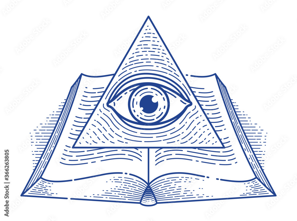 Wall mural secret knowledge vintage open book with all seeing eye of god in sacred geometry triangle, insight a