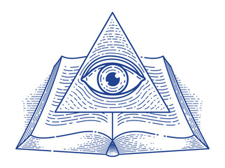 Secret knowledge vintage open book with all seeing eye of god in sacred geometry triangle, insight and enlightenment, masonry or illuminati symbol, vector logo or emblem design element.