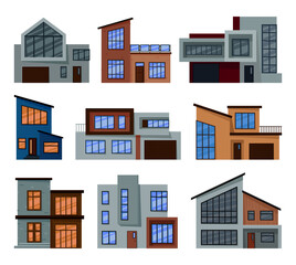 Collection of modern houses made of glass, concrete and wood. Set of contemporary apartments in Scandinavian style. Family residences. Cartoon vector illustration.
