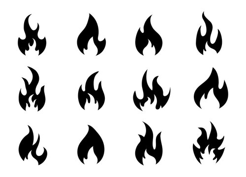Black fire icons. Set of flame icons. Vector image.