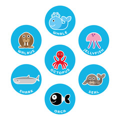 Sea and ocean animals collection. Set of 7 cartoon characters in the circle with name labels. Vector illustration