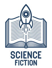 Open book with launching rocket vector linear icon, missile start up from text, space scientific literature library reading line art illustration, science fiction.