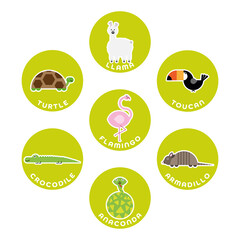 South American wild animals collection. Set of 7 cartoon characters in the circle with name labels. Vector illustration