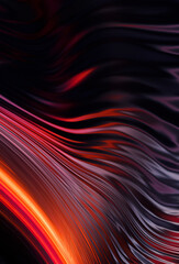 Dark modern abstract background with neon liquid lines, red, yellow neon. Flowing beams, liquid neon paint. Reflection of lights in the water. Blank background, cover.