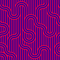 Obraz premium Stripy vector seamless pattern with woven lines, geometric abstract background, stripy net, optical maze, web network. Pink color design.